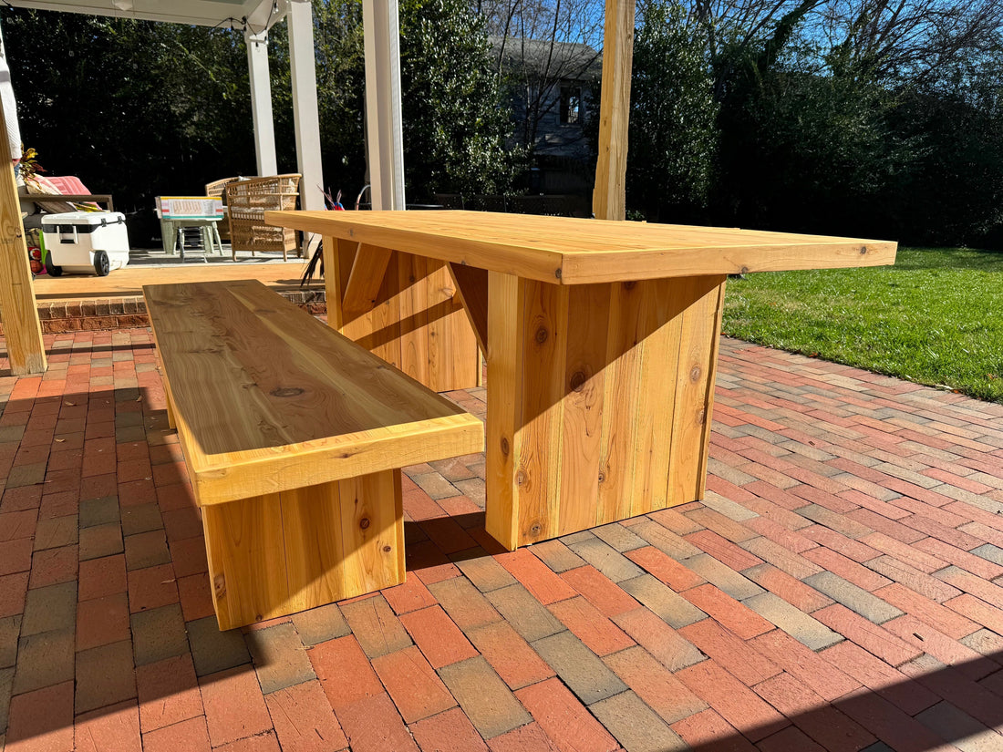 Cedar outdoor dining table and bench
